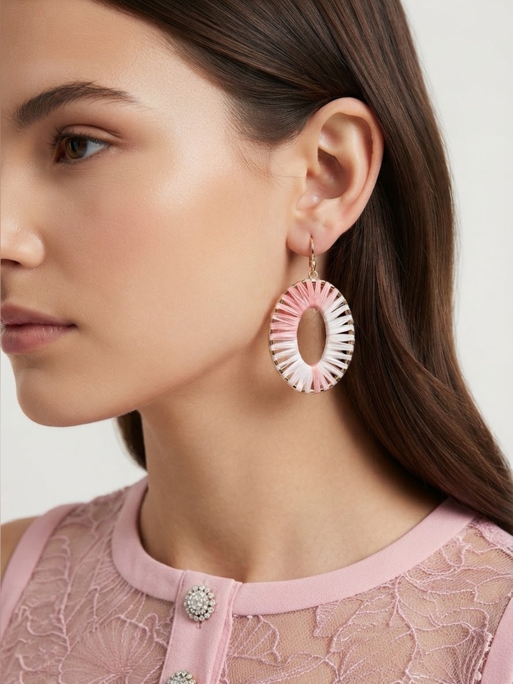 Pink Ombré Raffia Hoop Earrings | Boho Woven Oval Dangle Earrings